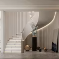 Elegant Modern Interior With Staircase Marble Steps Decorative Sculpture LED Lighting Strips And Wall Decor