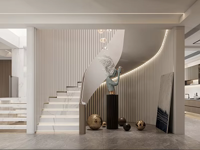 Elegant Modern Interior With Staircase Marble Steps Decorative Sculpture LED Lighting Strips And Wall Decor 3d model