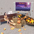 Halloween Art Installation Featuring Pumpkin Lanterns Hay Bales Spider Web Wooden Boat And Fallen Leaves