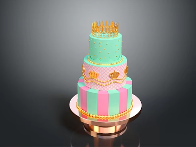 Three Tier Light Green And Pink Cake With Gold Crown Striped Design 3d model