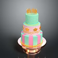 Three Tier Light Green And Pink Cake With Gold Crown Striped Design
