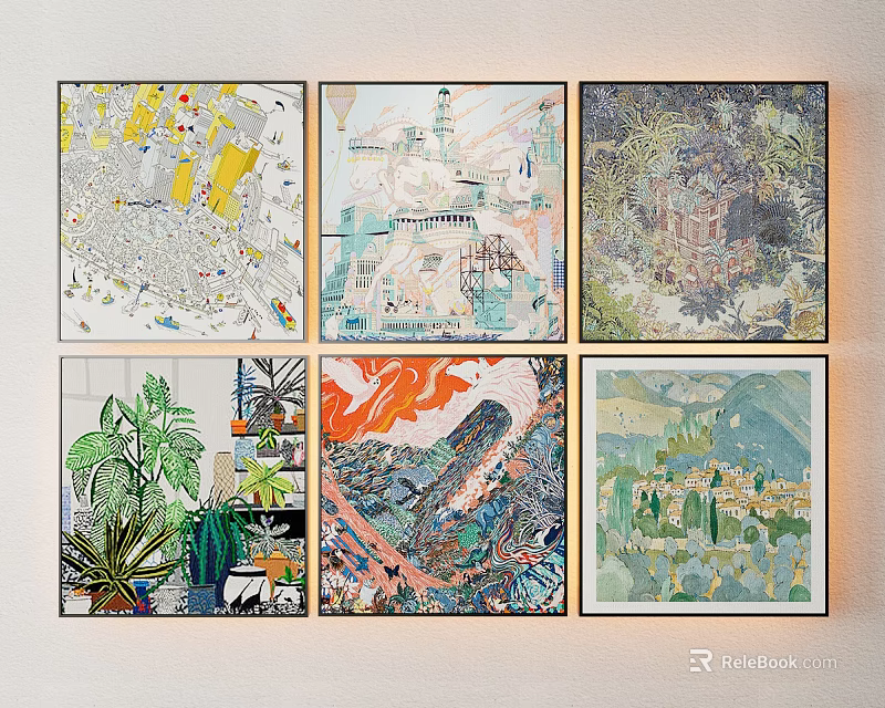 Six Diverse Landscape Paintings With Natural Urban Scenery And Plants On Wall 3d model 