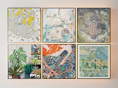 Six Diverse Landscape Paintings With Natural Urban Scenery And Plants On Wall 3d model