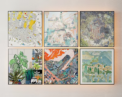 Six Diverse Landscape Paintings With Natural Urban Scenery And Plants On Wall 3d model
