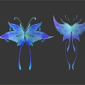 Two Blue And Purple Gradient Butterflies With Transparent Wings On Dark Background With Reflections