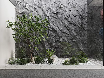 Natural Garden Accent With Gray Rock Wall Green Plants Small Tree And White Pebbles 3d model