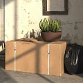 Rustic Dining Table Set With Wooden Stools Pumpkin And Potted Plant Near Weathered Wall