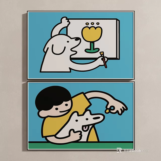 Cartoon Style Decorative Paintings With Dog Painting Flower And Boy Hugging Dog 3d model 