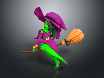 Green Skinned Witch Wearing Purple Hat And Outfit Riding Broomstick With Orange Head 3d model