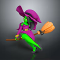 Green Skinned Witch Wearing Purple Hat And Outfit Riding Broomstick With Orange Head