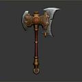 Ornate Double Bladed Axe With Golden Decorative Accents Red Wrapped Handle And Silver Blades