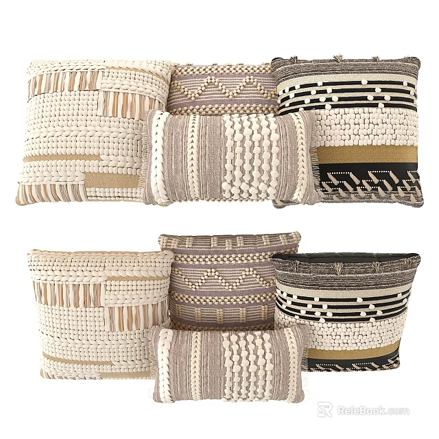 Woven Throw Pillows With Geometric Patterns In Neutral Tones And Textured Designs 3d model 