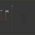 Ancient Weapons Collection Featuring Two Axes Long Spear And Wooden Bow With Arrow