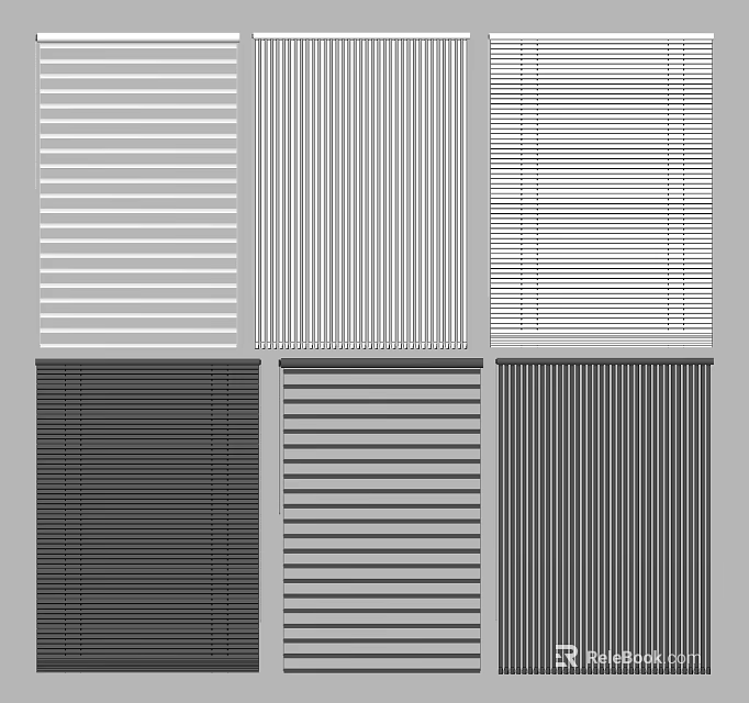 Different Window Blinds Styles With Various Colors And Striped Designs 3d model
