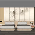 Elegant Chinese Style Hotel Guest Room With Twin Beds Landscape Painting Backdrop And Nightstands