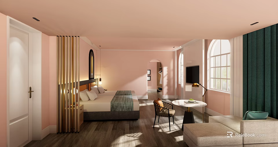 Cozy Hotel Guest Room Interior With Soft Pink Walls Arched Windows Comfortable Bed And Sofa 3d model 