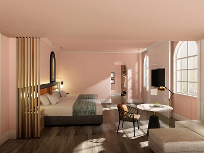 Cozy Hotel Guest Room Interior With Soft Pink Walls Arched Windows Comfortable Bed And Sofa 3d model