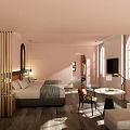 Cozy Hotel Guest Room Interior With Soft Pink Walls Arched Windows Comfortable Bed And Sofa