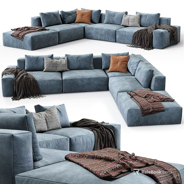 Cozy Blue Double Sofa With Multiple Throw Pillows And Soft Warm Blankets 3d model