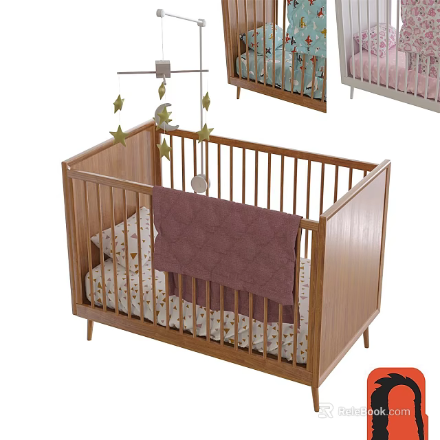 Wooden Baby Crib With Star Moon Mobile Mattress And Purple Blanket 3d model 