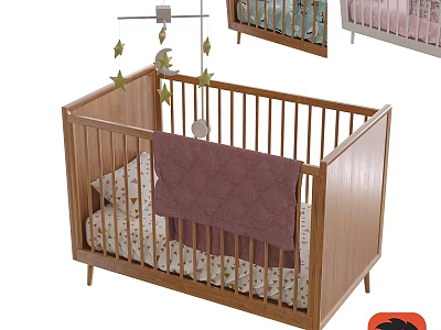 Wooden Baby Crib With Star Moon Mobile Mattress And Purple Blanket 3d model