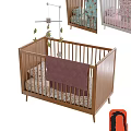 Wooden Baby Crib With Star Moon Mobile Mattress And Purple Blanket