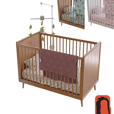 Wooden Baby Crib With Star Moon Mobile Mattress And Purple Blanket 3d model