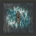 Vintage Tugboat Sailing On Blue Ocean Waves With Red Chimney And Wooden Hull
