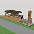 Roadside Facilities With Tall Wooden Signboard Stone Base Wooden Platform And Pavilion Roof
