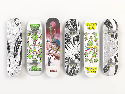 Diverse Artistic Skateboard Decks Featuring Cartoon Characters Plant Motifs And Urban Designs 3d model