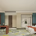 Modern Chinese Style Hotel Guest Room Featuring Bed Landscape Painting Sofa TV And Carpet