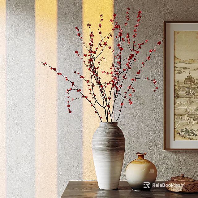Decorative Ornament Set Featuring Vase With Red Flowering Branches And Small Decor Piece 3d model 