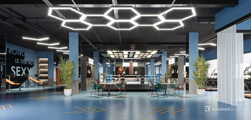 Modern Fitness Gym with Boxing Ring Blue Floor Hexagon Ceiling Lights Tables Chairs and Plants 3d model 