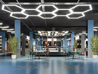 Modern Fitness Gym with Boxing Ring Blue Floor Hexagon Ceiling Lights Tables Chairs and Plants 3d model