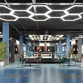 Modern Fitness Gym with Boxing Ring Blue Floor Hexagon Ceiling Lights Tables Chairs and Plants