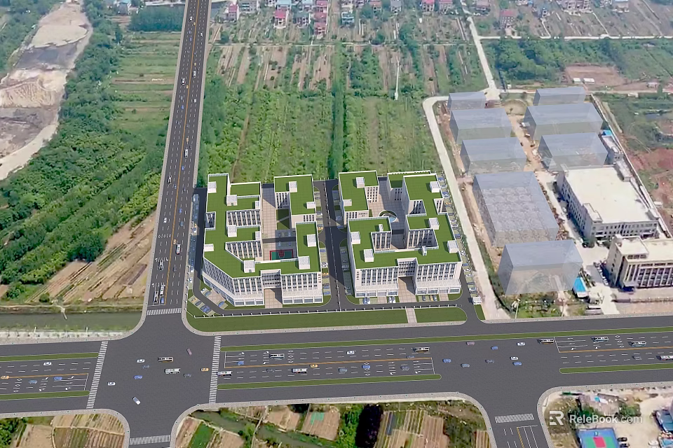 Aerial View Planning Of Twin Buildings With Green Roofs And Road Network 3d model 