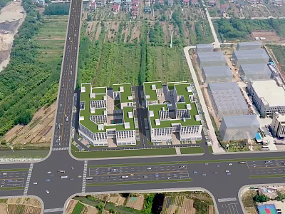 Aerial View Planning Of Twin Buildings With Green Roofs And Road Network 3d model