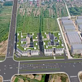 Aerial View Planning Of Twin Buildings With Green Roofs And Road Network