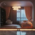 Cozy Hotel Guest Room With Pink Curtains Throw Pillows Wall Art And Table Lamp