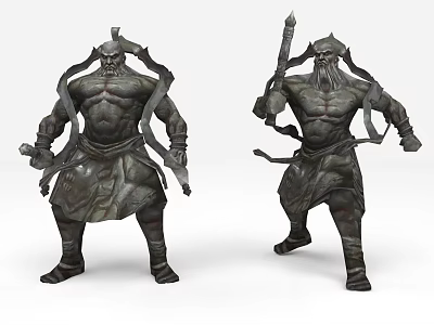 Game and Movie Mythical Warrior Characters With Armored Outfits Muscular Build and Weapons 3d model