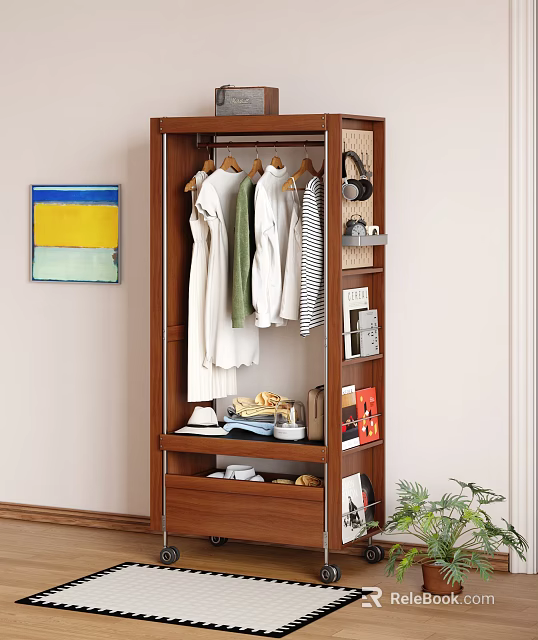 Wooden Wardrobe Cabinet with Hanging Clothes Books and Decorative Items in Home Interior 3d model 
