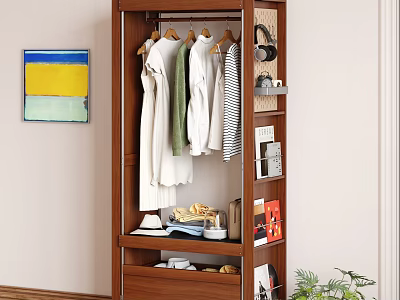 Wooden Wardrobe Cabinet with Hanging Clothes Books and Decorative Items in Home Interior 3d model