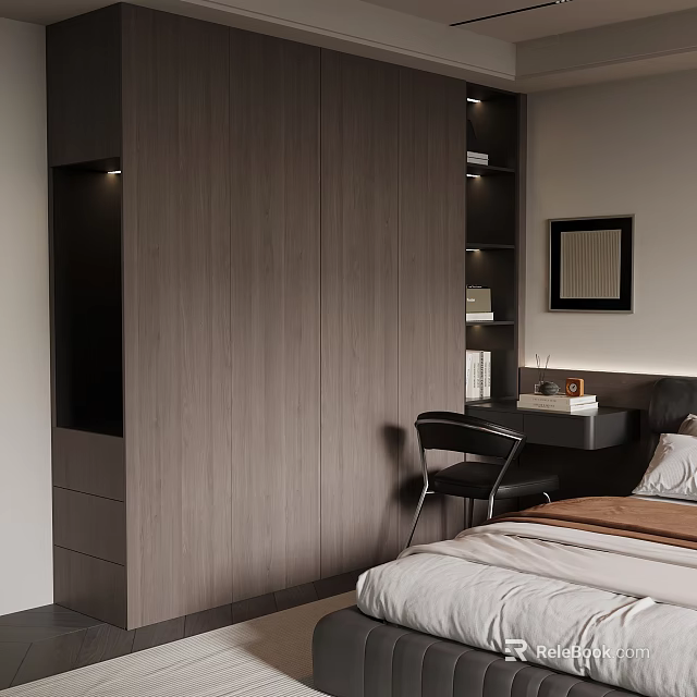 Modern Built in Wooden Wardrobe with Sleek Design in Bedroom Interior 3d model 