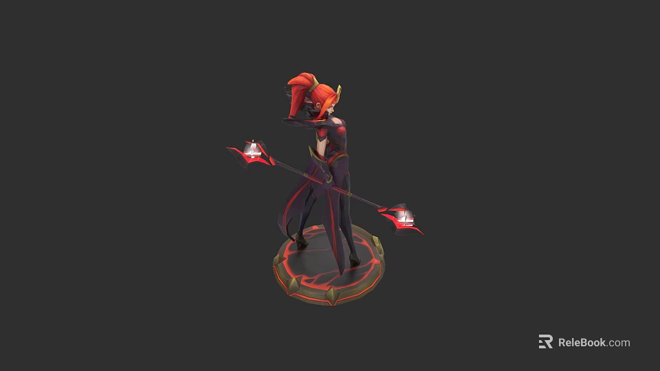 Mystical Game and Movie Character with Red Hair Long Staff Glowing Ornaments and Circular Base 3d model 