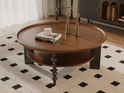 Round Wooden Coffee Table With Two Books Metal Decor On Light Geometric Pattern Area Rug 3d model