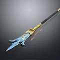 Ornate Spear With Blue Patterned Spearhead Golden Accents And Black Wooden Shaft