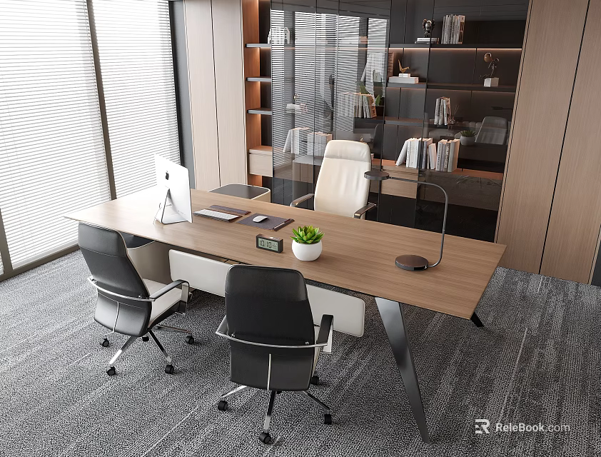 Modern Office Desk With Computer Monitor Notebook Small Plant Two Office Chairs In Bright Room 3d model 