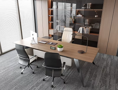 Modern Office Desk With Computer Monitor Notebook Small Plant Two Office Chairs In Bright Room 3d model