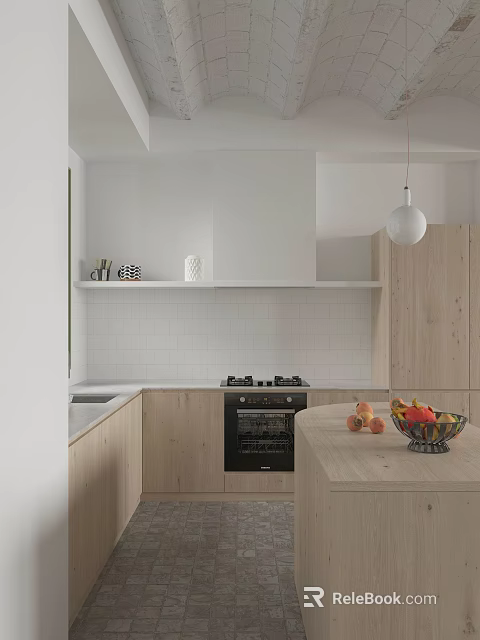 Light Wood Kitchen Interior With White Tiled Backsplash Black Stove Island And Fruit Bowl 3d model 