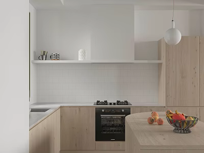 Light Wood Kitchen Interior With White Tiled Backsplash Black Stove Island And Fruit Bowl 3d model